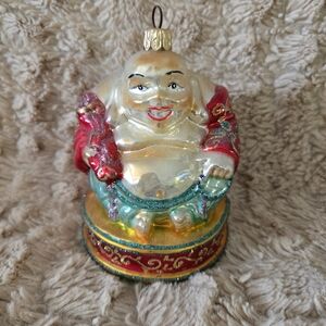Joyful Holiday Buddha Ornament with Red and Gold Details